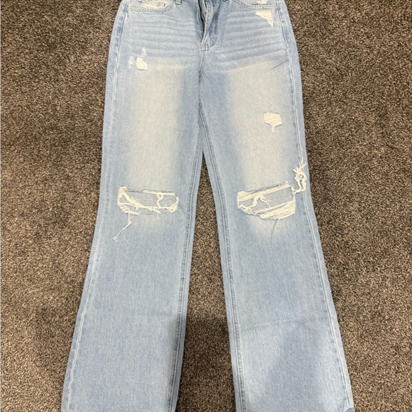 Trendy Light Blue Distressed Flare Jeans - Picture 1 of 2